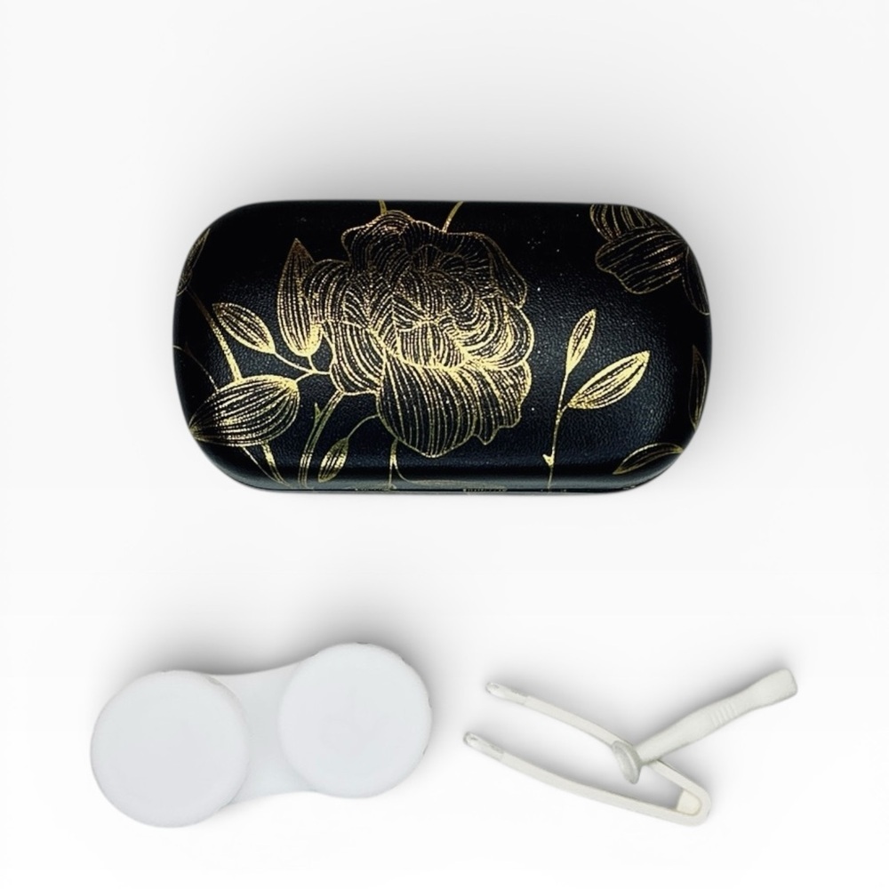 Dual Contact Lens and Eyeglasses Travel Case in Black and Gold Leaf Roses - Picture 2 of 8